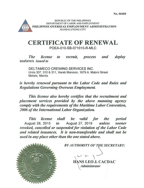 Certificate of renewal for a manning agency licence